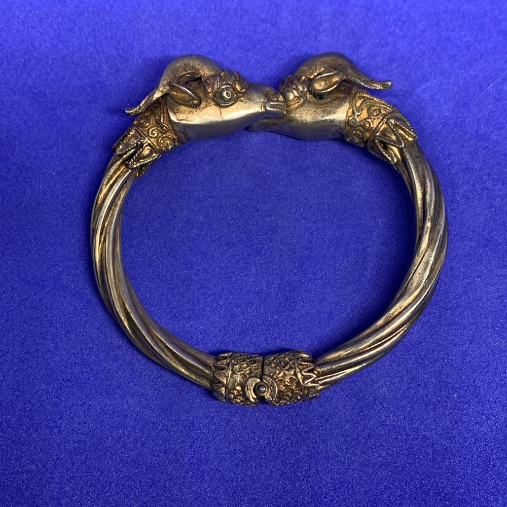 Aries Ram Zodiac Figural Cuff Bracelet Sterling Silver (?) Festival Ready